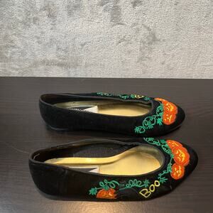 Vintage Halloween Pumpkin Flats Black Embroidered Boo Halloween Fun Size 7.5